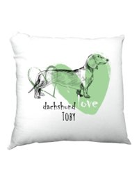 polštář saténový s potiskem Dachshund Love Bílá jednotná